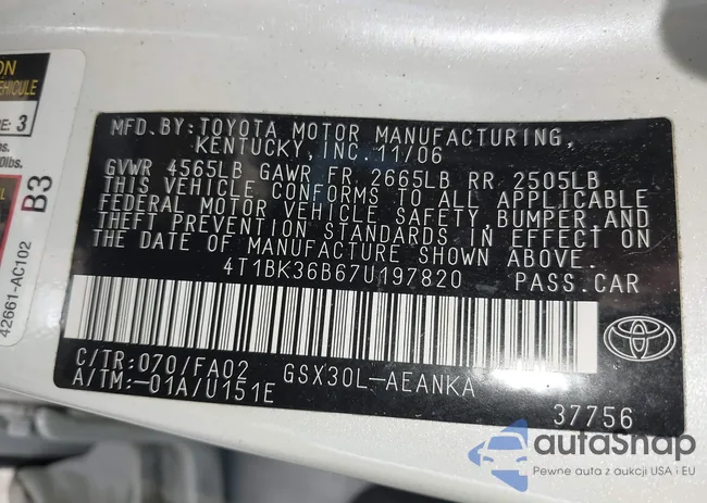 4T1BK36B67U197820: 42805037