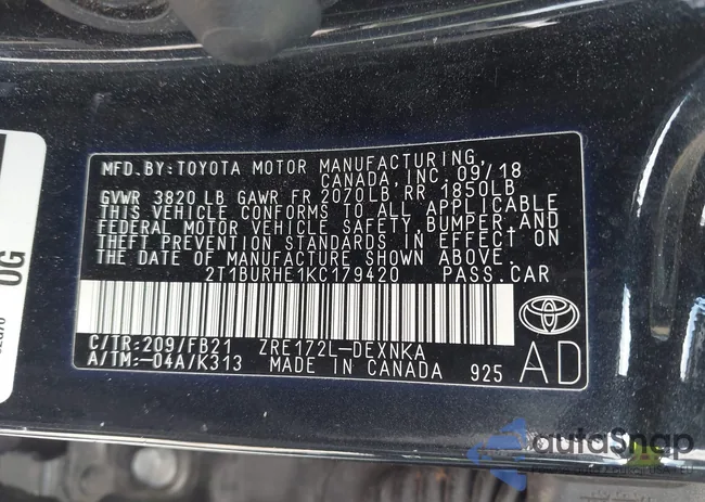 2T1BURHE1KC179420: 42805084