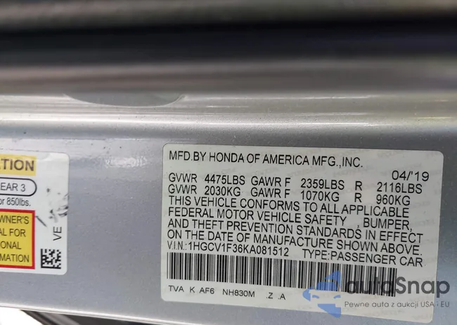 1HGCV1F36KA081512: 42804665