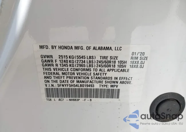 5FNYF5H54LB019493: 42804733