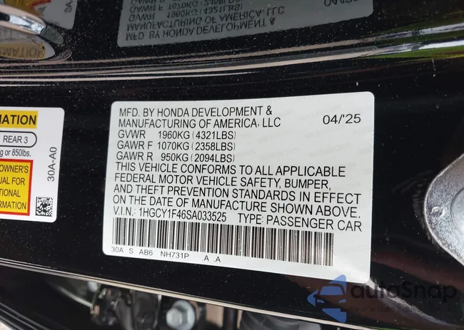 1HGCY1F46SA033525: 42806254