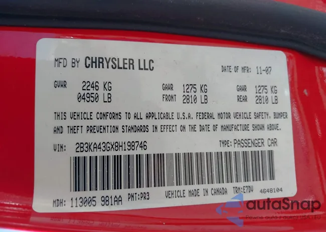 2B3KA43GX8H198746: 42808689