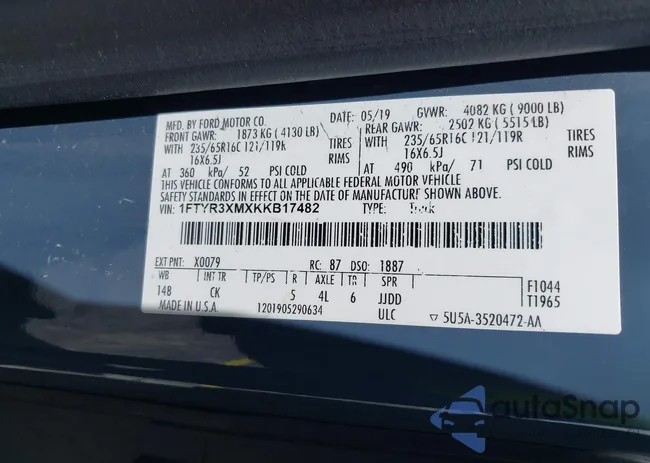 1FTYR3XMXKKB17482: 42810338