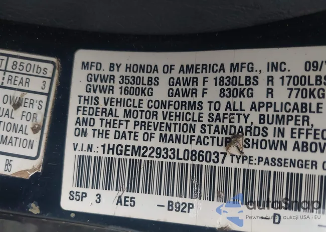 1HGEM22933L086037: 42810616