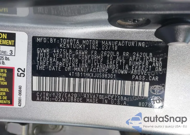 4T1B11HKXJU598301: 42812420