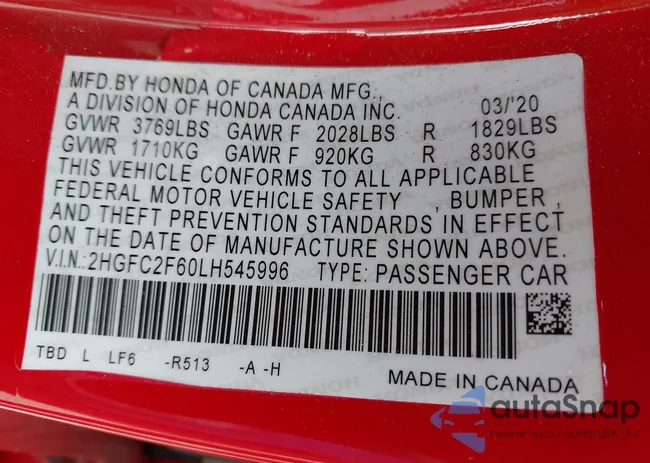 2HGFC2F60LH545996: 42816115