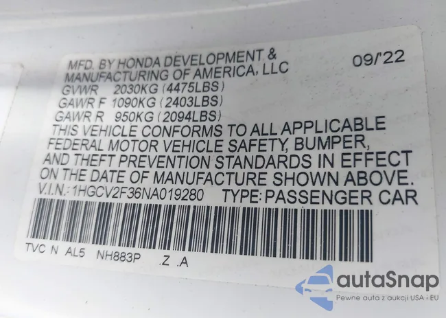 1HGCV2F36NA019280: 42816141