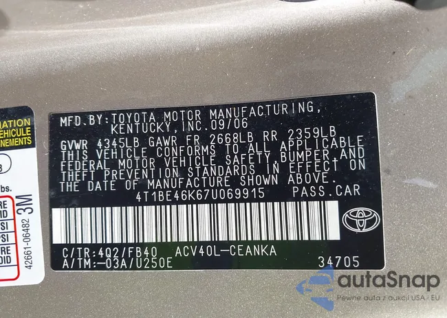 4T1BE46K67U069915: 42816220