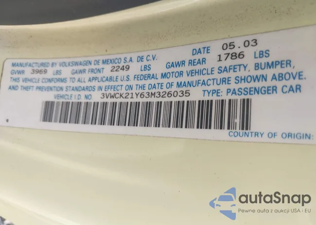 3VWCK21Y63M326035: 42816322