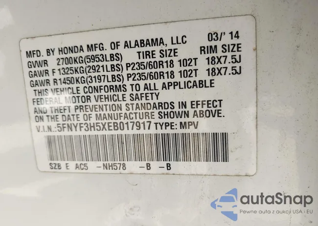 5FNYF3H5XEB017917: 42817074