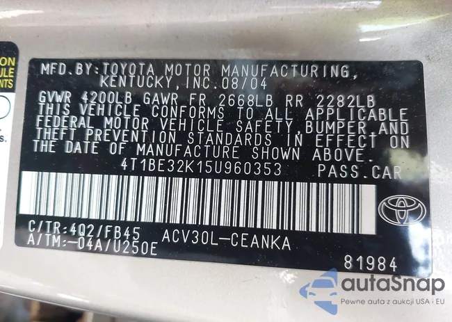 4T1BE32K15U960353: 42817086