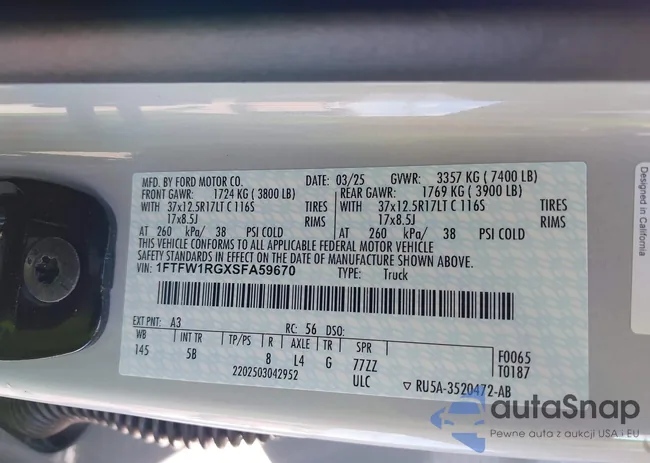 1FTFW1RGXSFA59670: 42820200