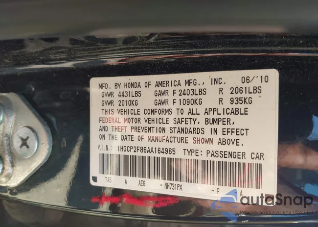 1HGCP2F86AA164965: 42821345