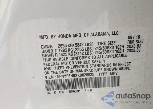 5FNYF6H0XKB026635: 42820604