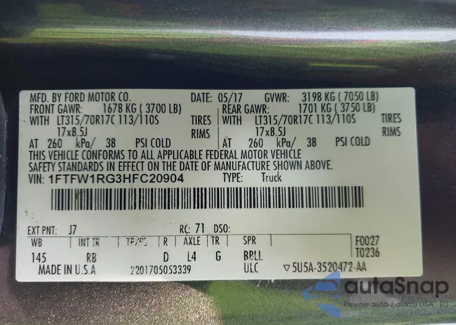 1FTFW1RG3HFC20904: 42821930