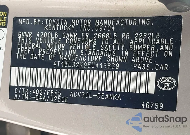 4T1BE32K95U415839: 42821662