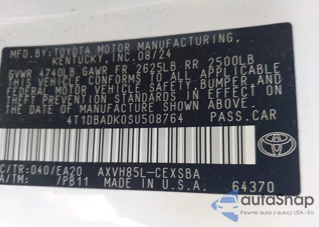 4T1DBADK0SU508764: 42821713