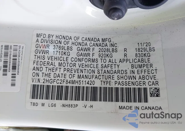 2HGFC2F84MH511420: 42823615