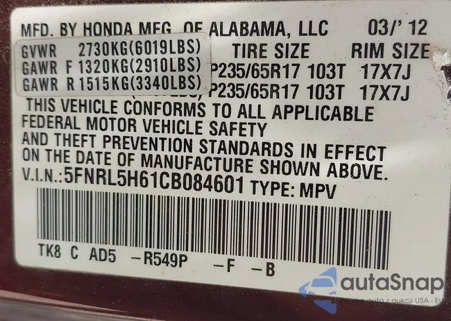 5FNRL5H61CB084601: 42827972