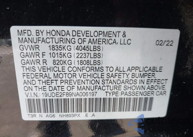 19UDE2F89NA006197: 42834252