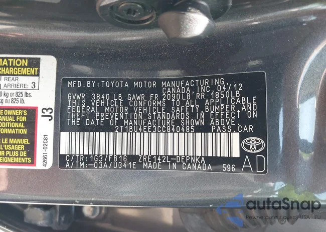 2T1BU4EE3CC840485: 42834410