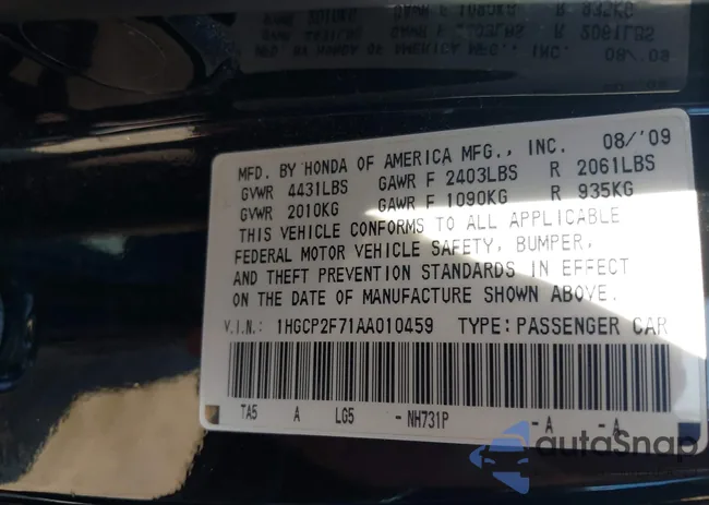 1HGCP2F71AA010459: 42834770