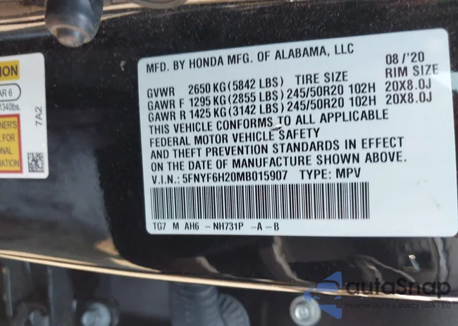 5FNYF6H20MB015907: 42837257