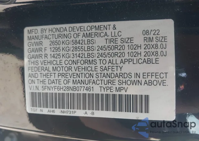 5FNYF6H28NB077461: 42837754