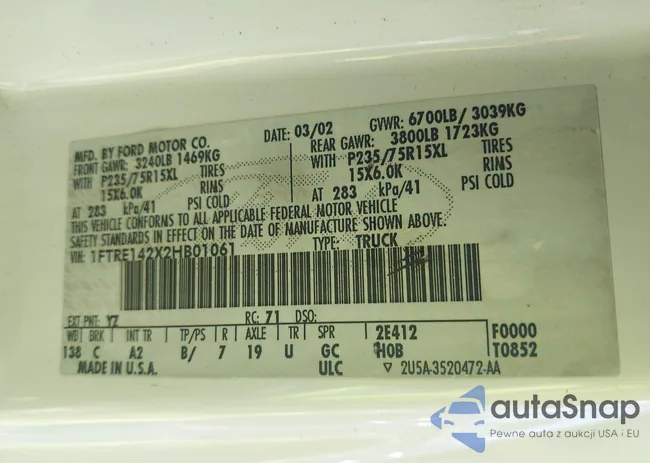 1FTRE142X2HB01061: 42842425