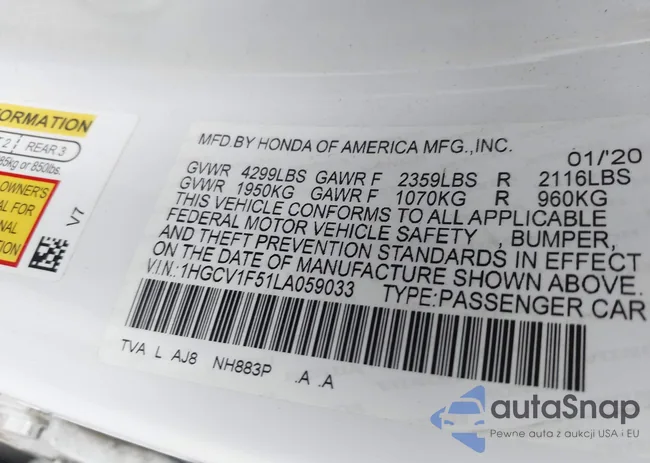 1HGCV1F51LA059033: 42846290