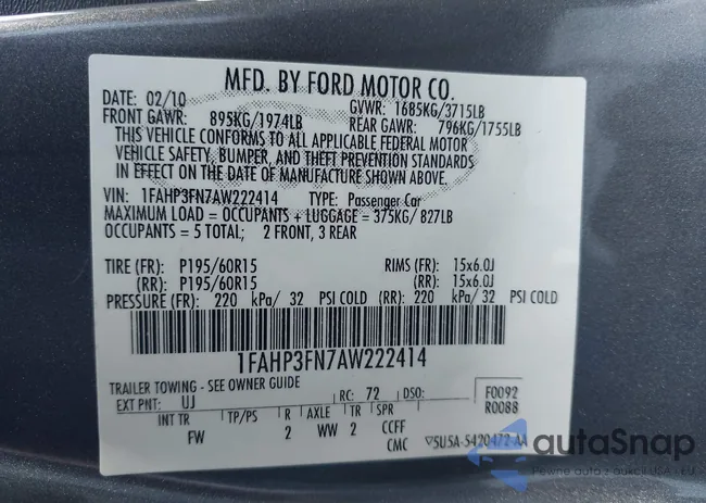 1FAHP3FN7AW222414: 42850183