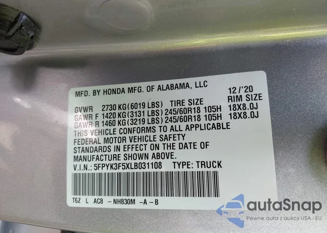 5FPYK3F5XLB031108: 42850590