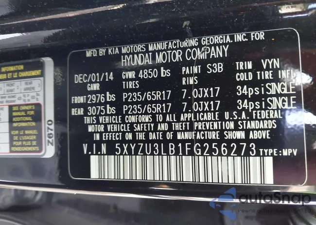 5XYZU3LB1FG256273: 42850708