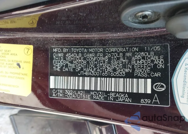 JTHBA30G165160533: 42851941