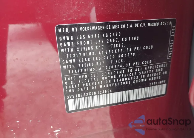 3VV1B7AXXJM124554: 42852421