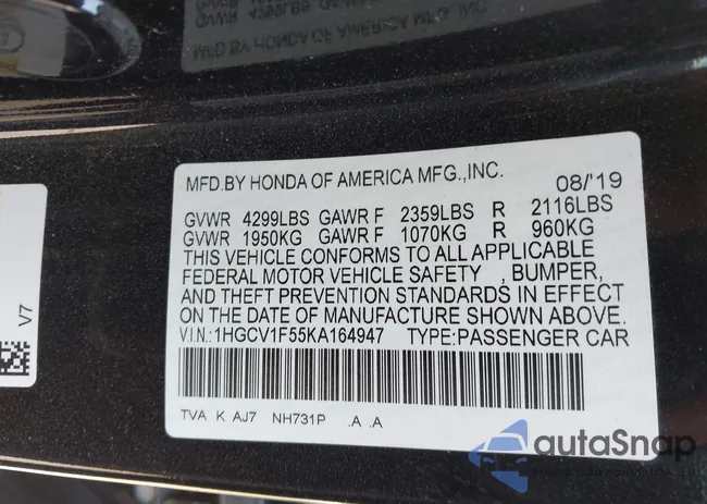 1HGCV1F55KA164947: 42854097