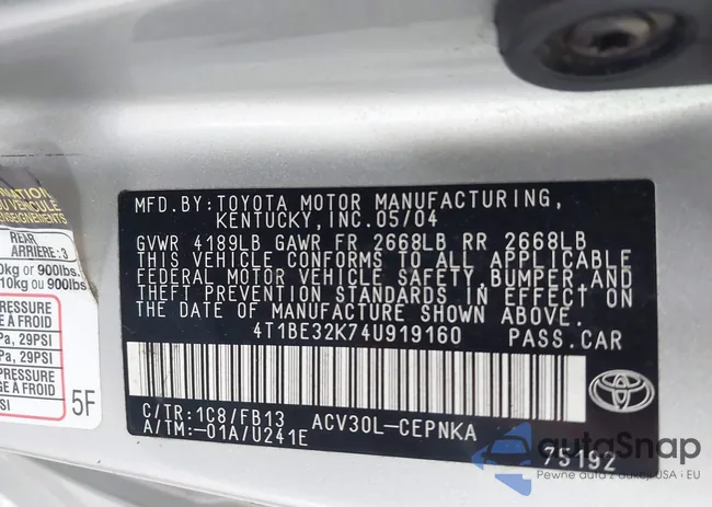 4T1BE32K74U919160: 42856256