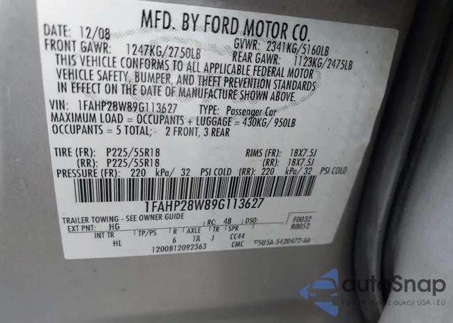 1FAHP28W89G113627: 42856262