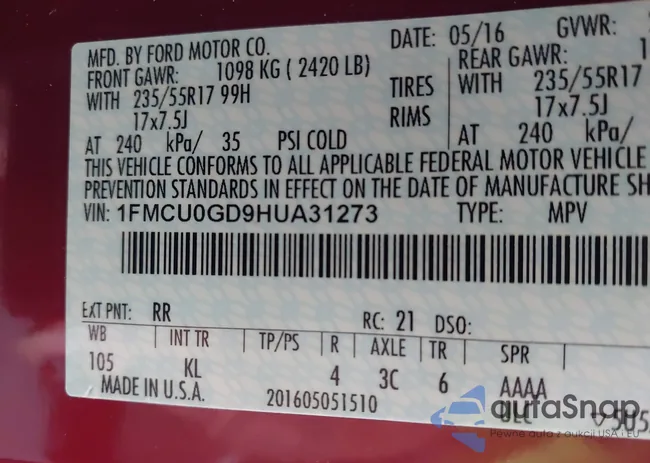 1FMCU0GD9HUA31273: 42861223