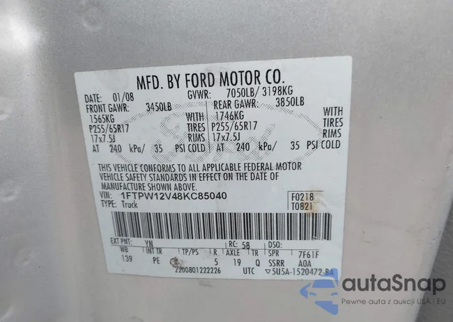 1FTPW12V48KC85040: 42860656