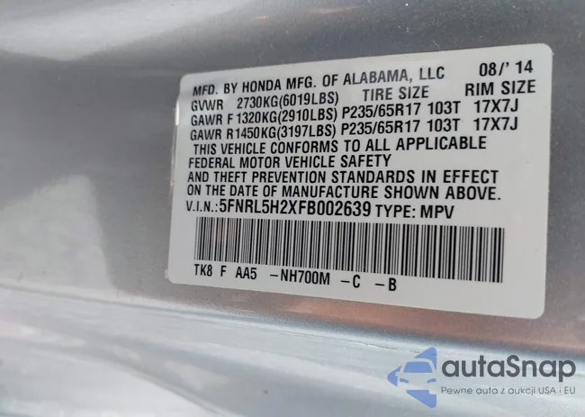 5FNRL5H2XFB002639: 42861936