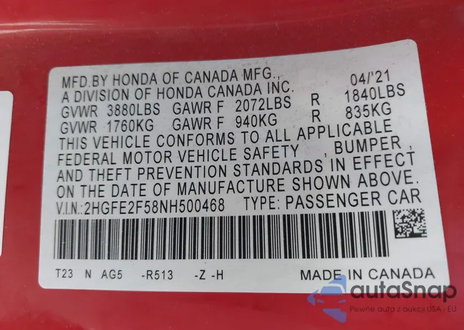 2HGFE2F58NH500468: 42862946