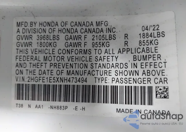 2HGFE1E5XNH473494: 42863243