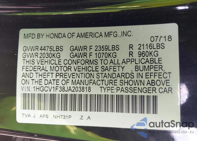 1HGCV1F38JA203818: 42866427