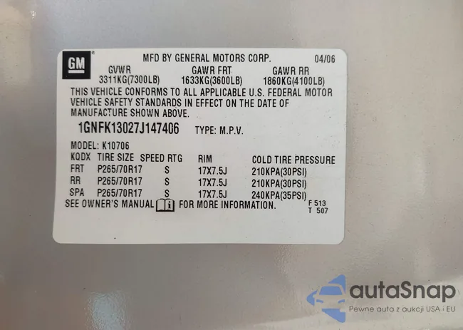 1GNFK13027J147406: 42870322