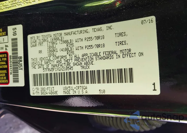 5TFRW5F1XGX210545: 42877090