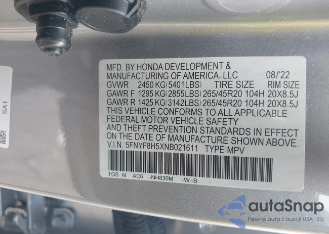 5FNYF8H5XNB021611: 42876732