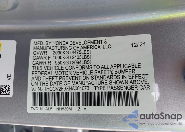 1HGCV2F3XNA001073: 42877589