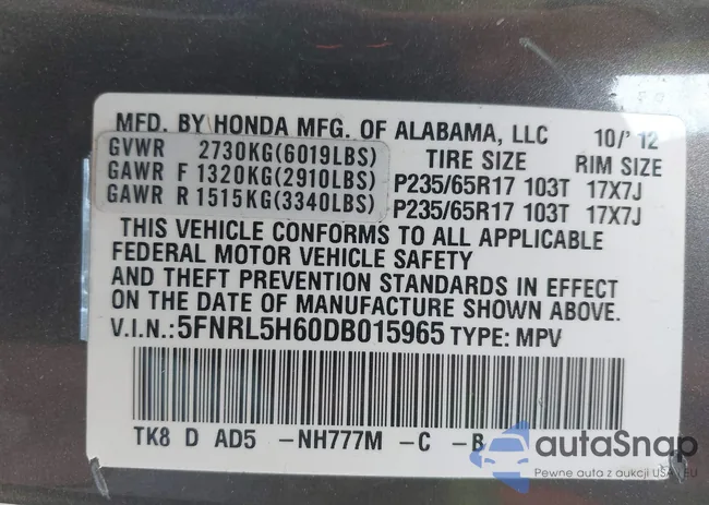 5FNRL5H60DB015965: 42882878