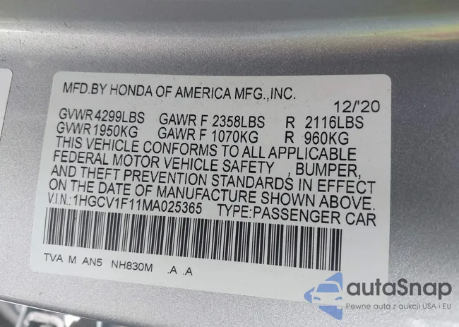 1HGCV1F11MA025365: 42883238